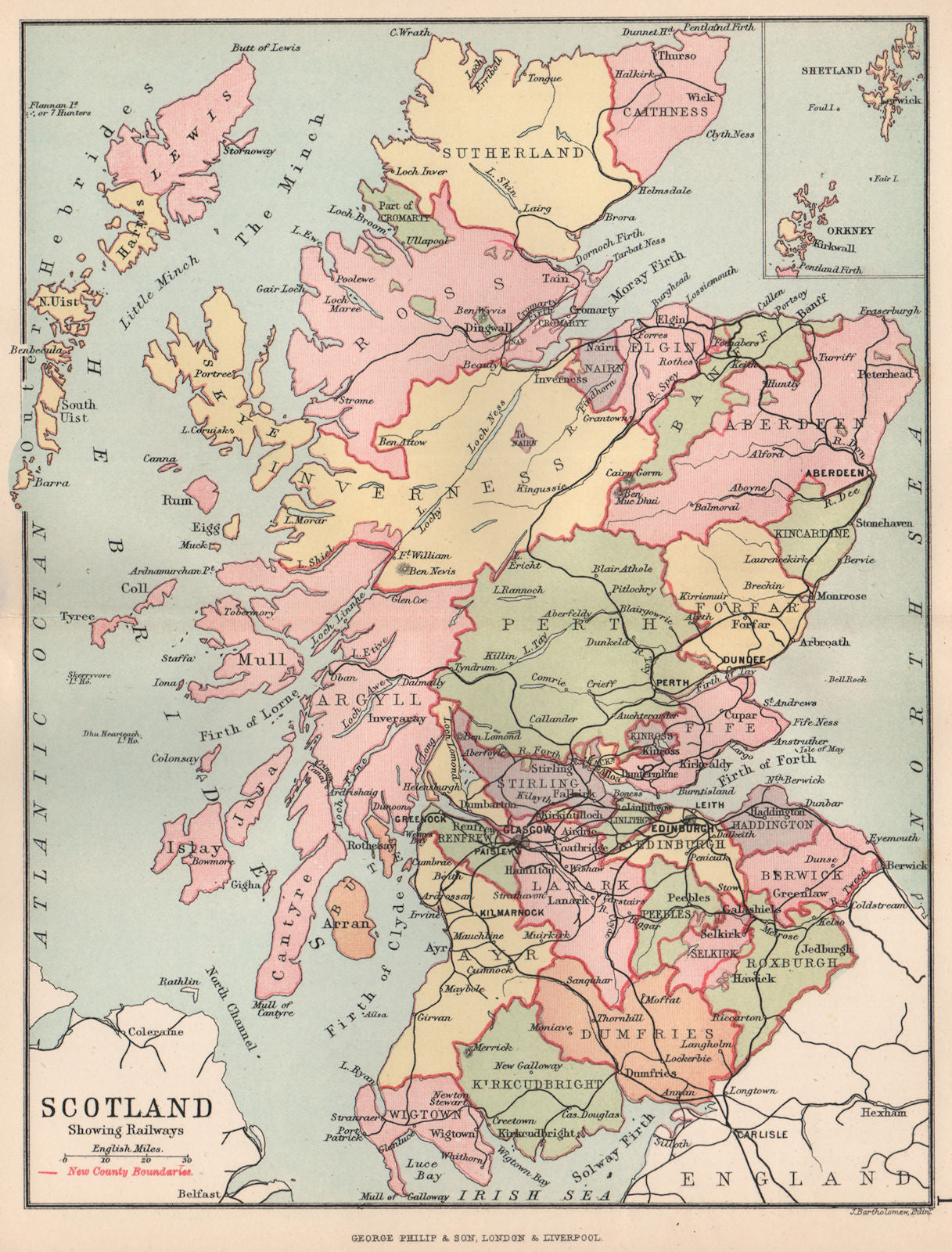 'Scotland showing Railways' & counties. BARTHOLOMEW 1891 old antique map chart